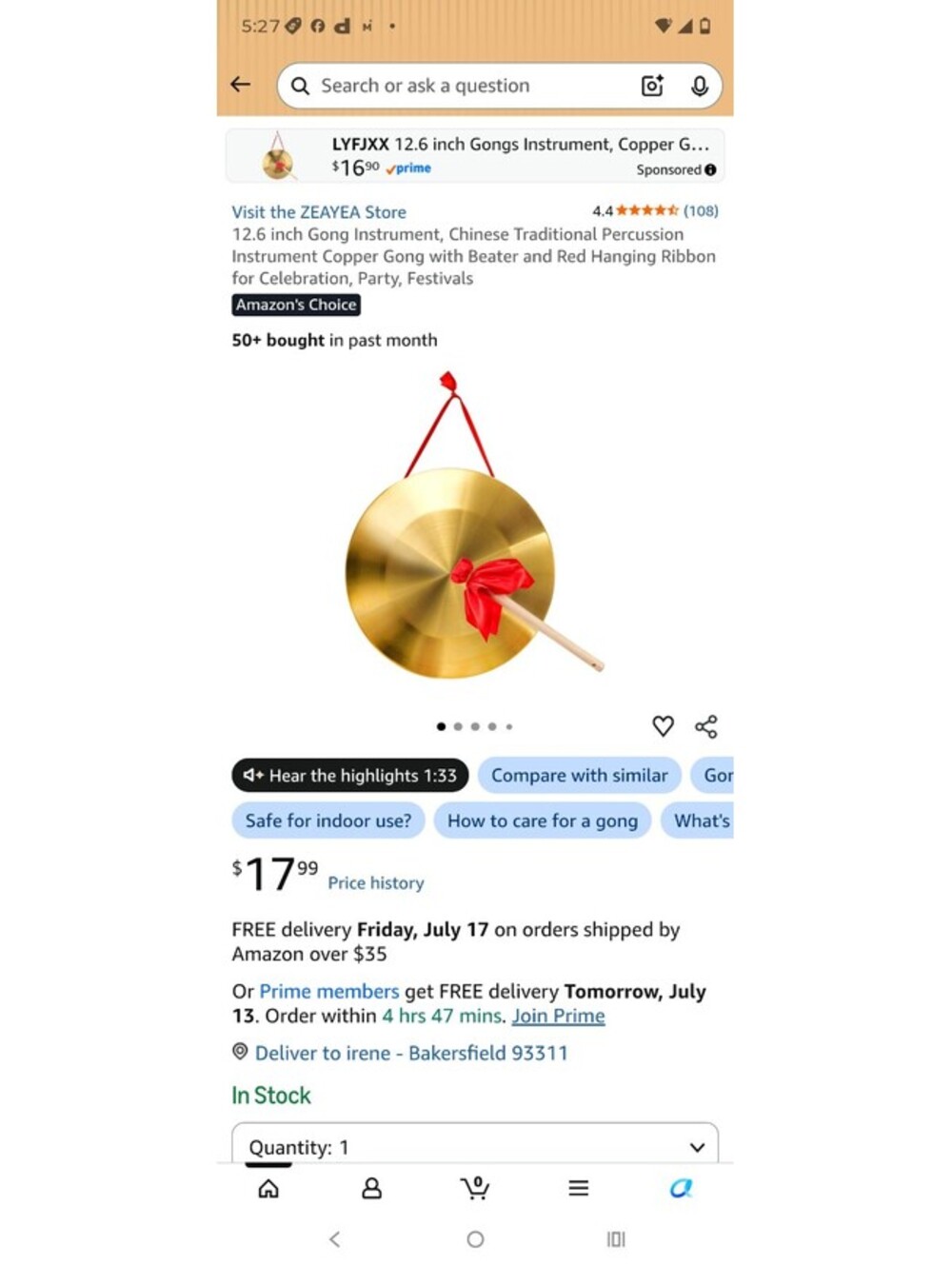 12.6 inch Gong Instrument, Chinese Traditional Percussion Instrument Copper Gong